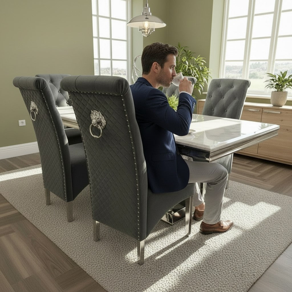 Luxury Einar Dark Grey Velvet Dining Chair With Scroll Top Quilted Back And Chrome Lion Knocker