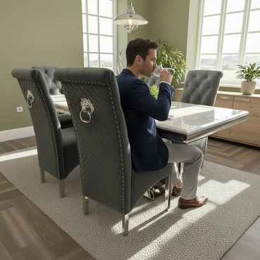 Luxury Einar Dark Grey Velvet Dining Chair With Scroll Top Quilted Back And Chrome Lion Knocker