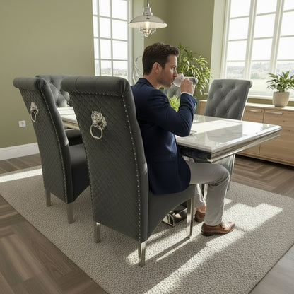 Luxury Einar Dark Grey Velvet Dining Chair With Scroll Top Quilted Back And Chrome Lion Knocker