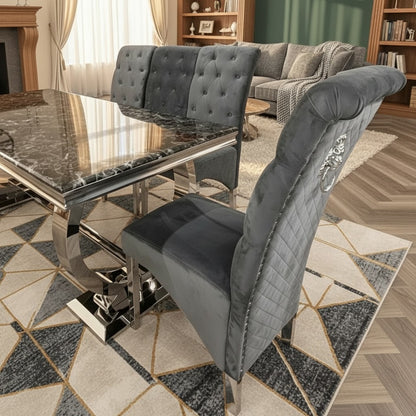 Luxury Einar Dark Grey Velvet Dining Chair With Scroll Top Quilted Back And Chrome Lion Knocker