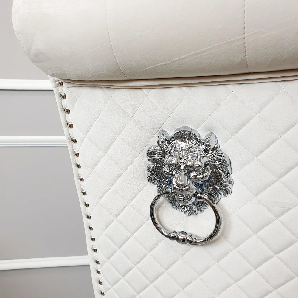 Luxury Einar Dark Grey Velvet Dining Chair With Scroll Top Quilted Back And Chrome Lion Knocker
