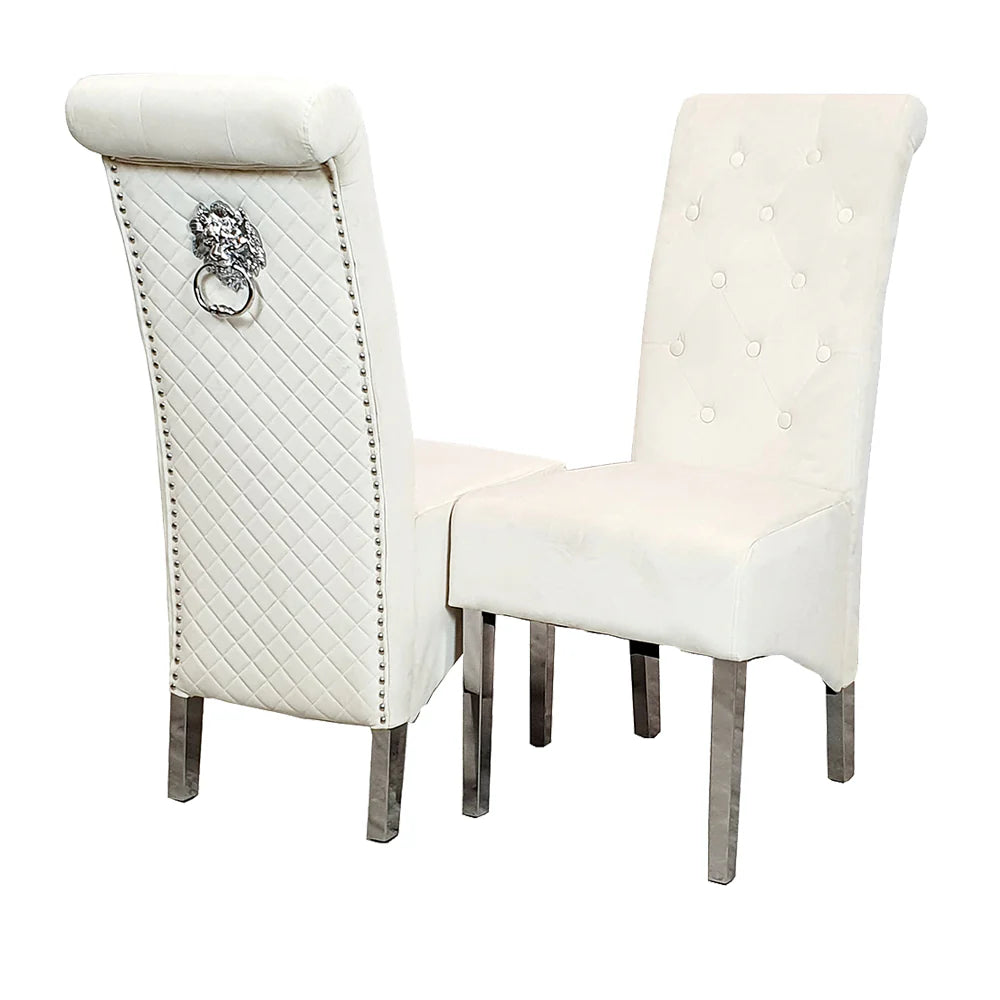 Luxury Einar Dark Grey Velvet Dining Chair With Scroll Top Quilted Back And Chrome Lion Knocker