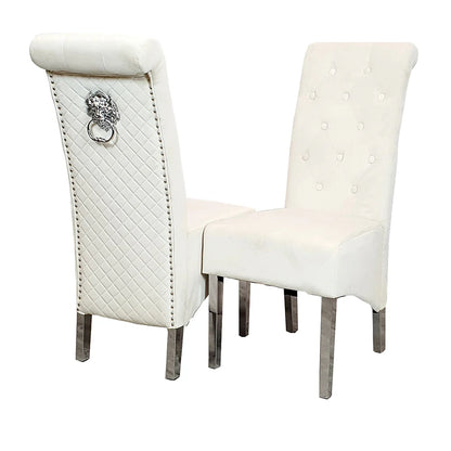 Luxury Einar Dark Grey Velvet Dining Chair With Scroll Top Quilted Back And Chrome Lion Knocker