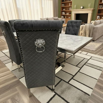 Luxury Einar Dark Grey Velvet Dining Chair With Scroll Top Quilted Back And Chrome Lion Knocker
