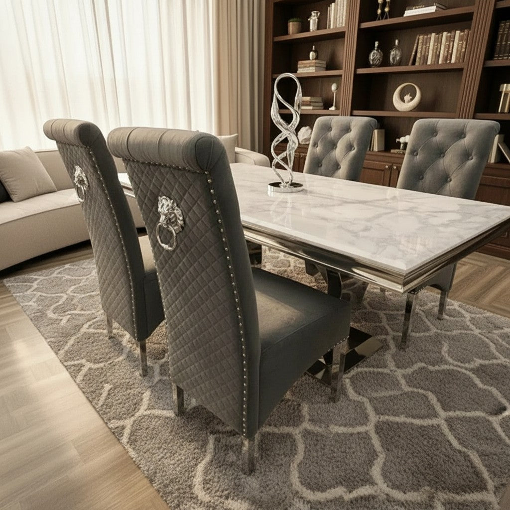 Luxury Einar Dark Grey Velvet Dining Chair With Scroll Top Quilted Back And Chrome Lion Knocker