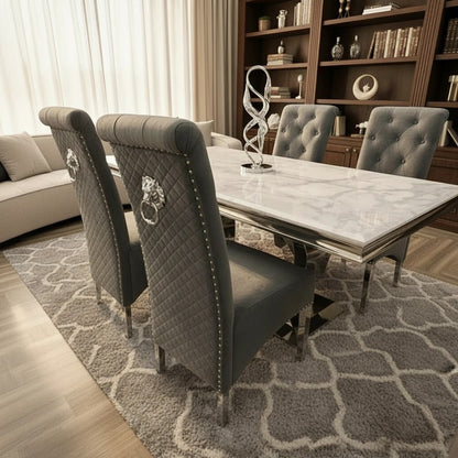 Luxury Einar Dark Grey Velvet Dining Chair With Scroll Top Quilted Back And Chrome Lion Knocker