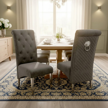 Luxury Einar Dark Grey Velvet Dining Chair With Scroll Top Quilted Back And Chrome Lion Knocker