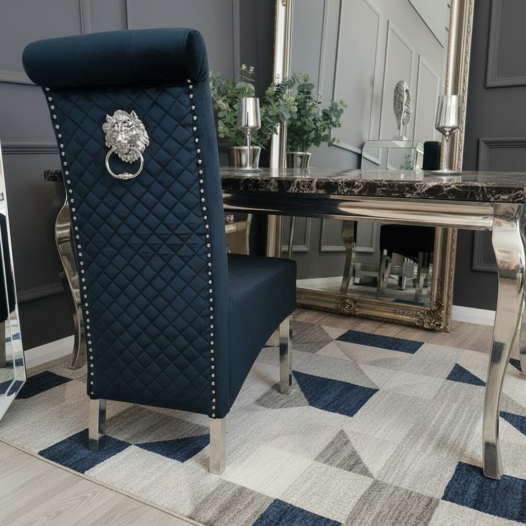 Luxury Einar Dark Grey Velvet Dining Chair With Scroll Top Quilted Back And Chrome Lion Knocker