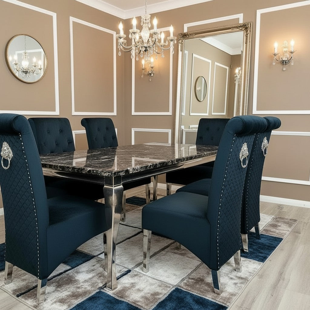 Luxury Einar Dark Grey Velvet Dining Chair With Scroll Top Quilted Back And Chrome Lion Knocker
