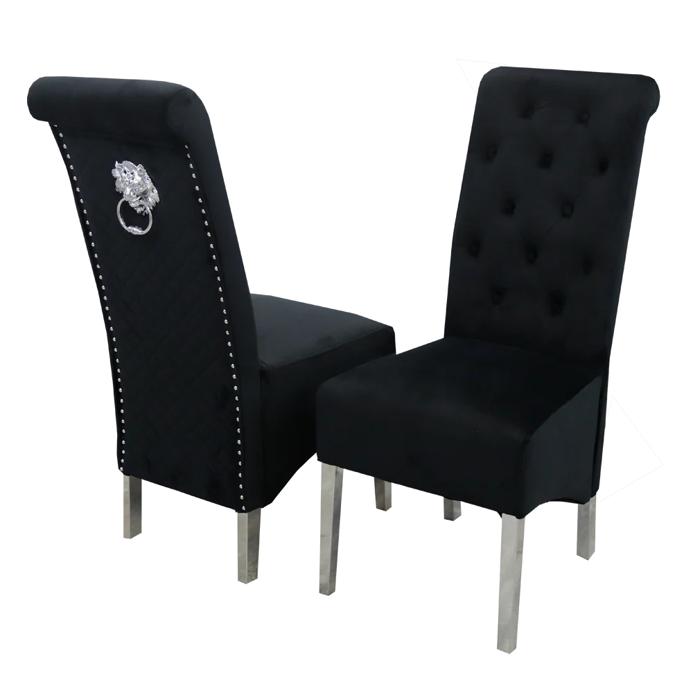 Luxury Einar Dark Grey Velvet Dining Chair With Scroll Top Quilted Back And Chrome Lion Knocker