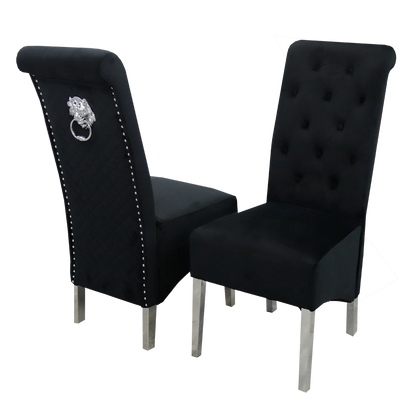 Luxury Einar Dark Grey Velvet Dining Chair With Scroll Top Quilted Back And Chrome Lion Knocker