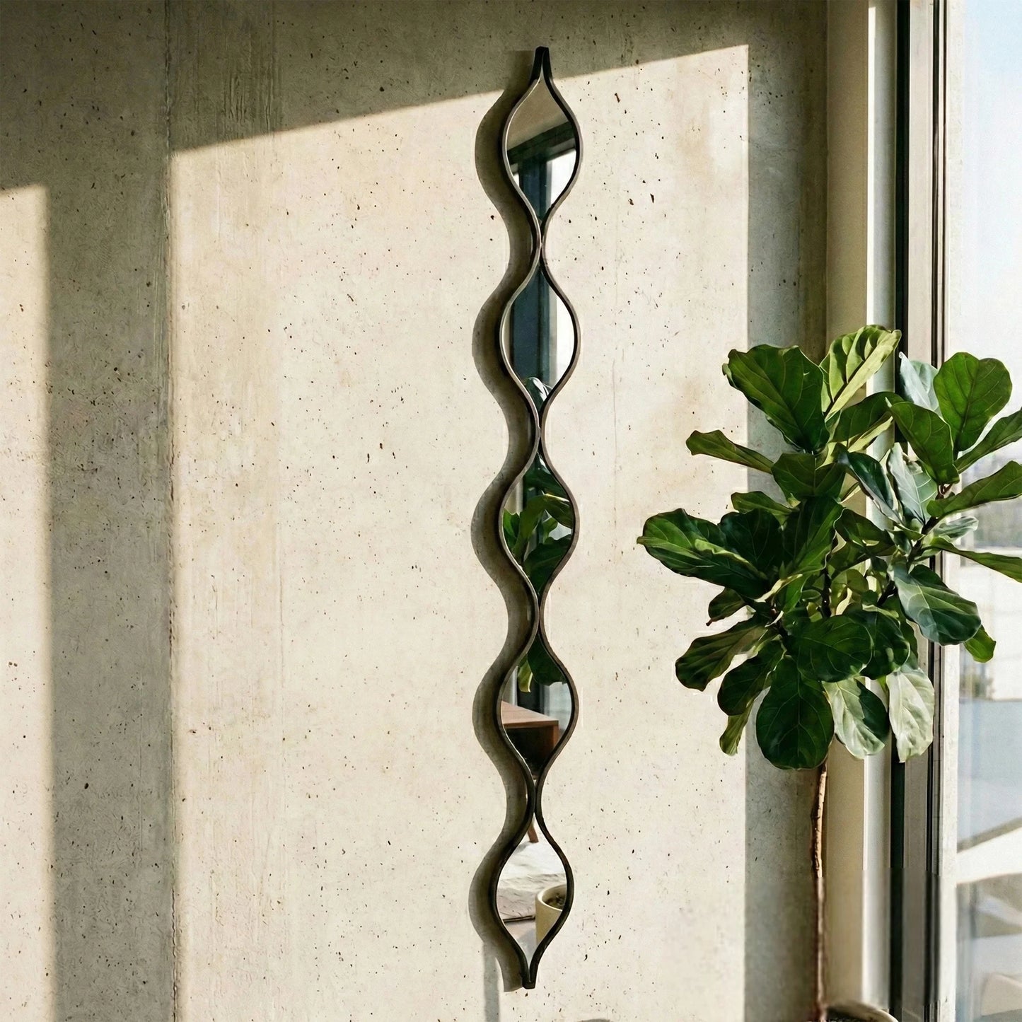 Luxury Elden 146cm Sculptural Wavy Slim Wall Mirror In Black
