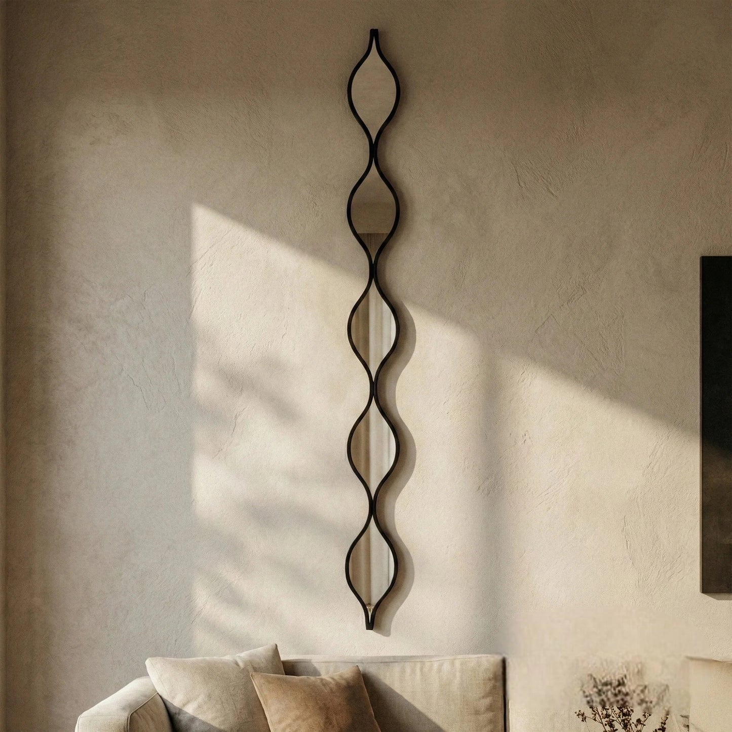 Luxury Elden 146cm Sculptural Wavy Slim Wall Mirror In Black
