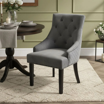 Luxury Gunnar Velvet Dining Chair With Studded Quilted Back And Wood Legs