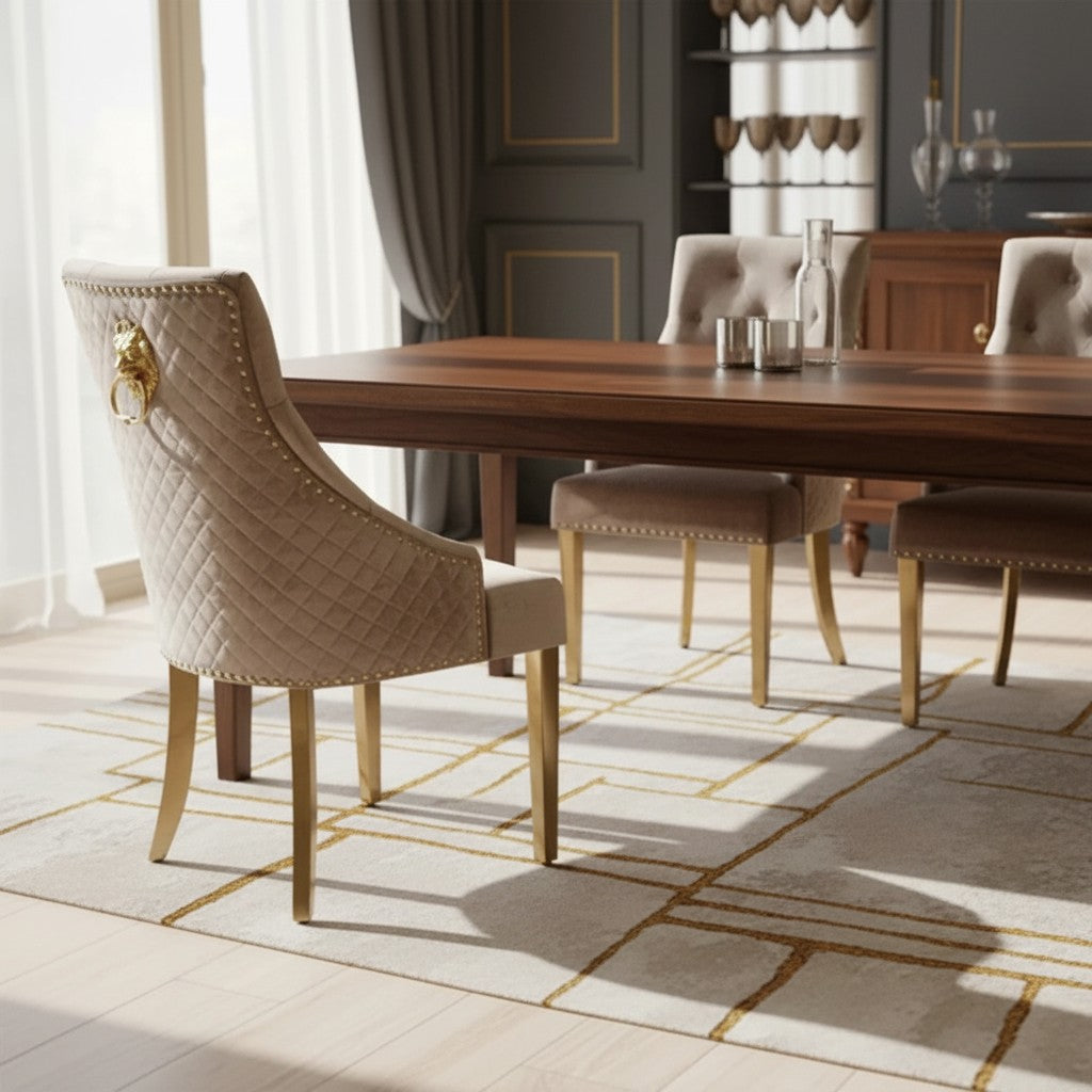 Luxury Henrik Gold Beige Velvet Dining Chair With Studded Detailing And Lion Knocker