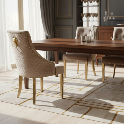 Luxury Henrik Gold Beige Velvet Dining Chair With Studded Detailing And Lion Knocker