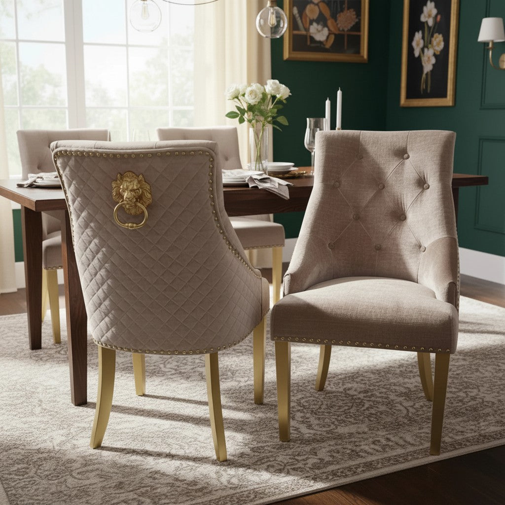 Luxury Henrik Gold Beige Velvet Dining Chair With Studded Detailing And Lion Knocker