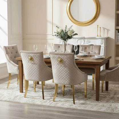 Luxury Henrik Gold Beige Velvet Dining Chair With Studded Detailing And Lion Knocker