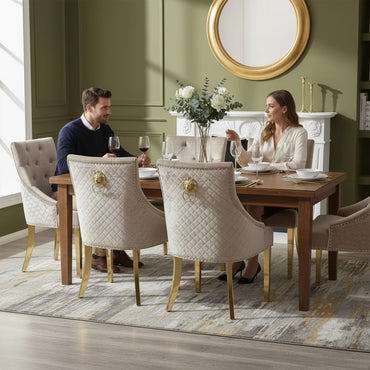 Luxury Henrik Gold Beige Velvet Dining Chair With Studded Detailing And Lion Knocker