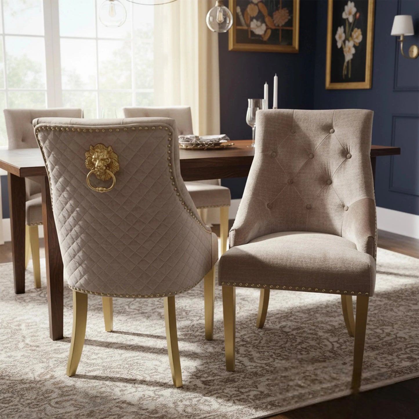 Luxury Henrik Gold Beige Velvet Dining Chair With Studded Detailing And Lion Knocker