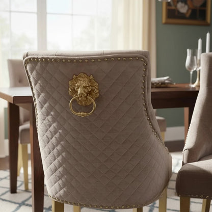 Luxury Henrik Gold Beige Velvet Dining Chair With Studded Detailing And Lion Knocker
