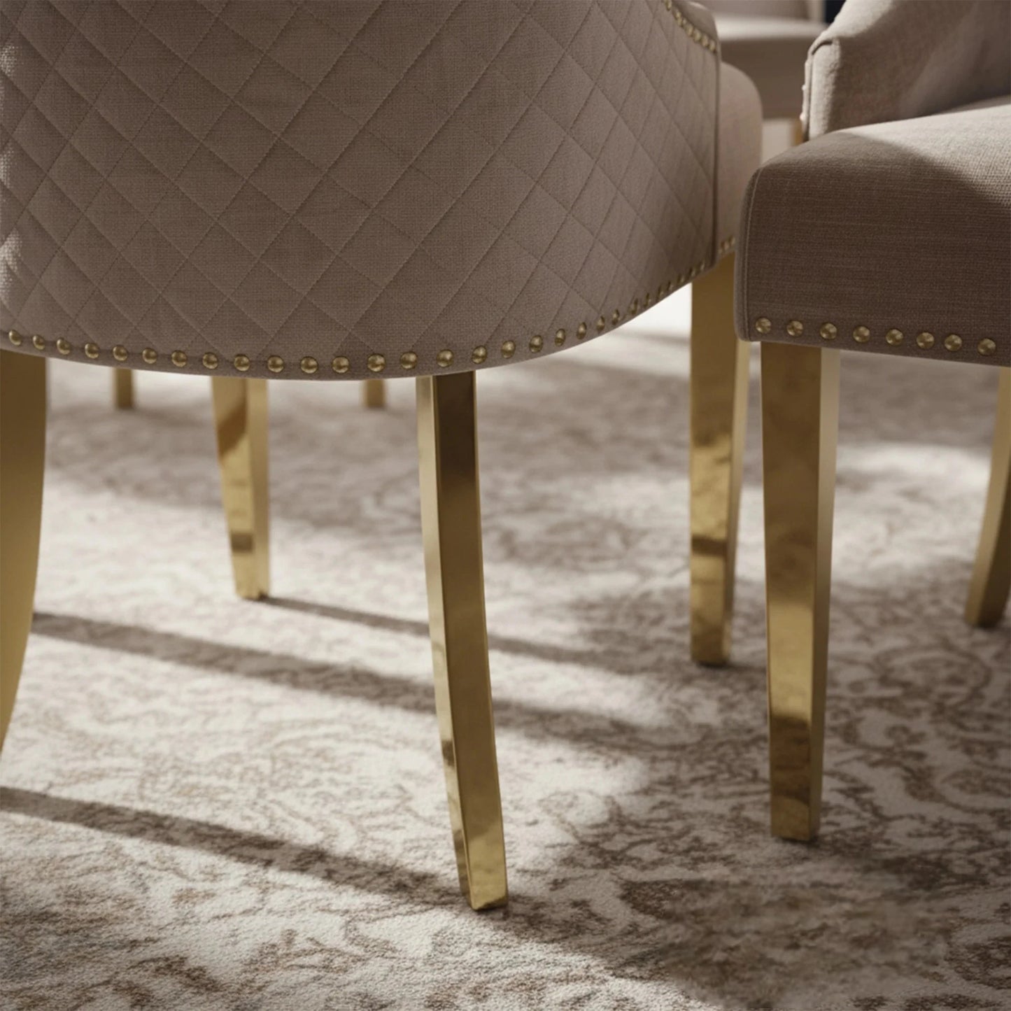 Luxury Henrik Gold Beige Velvet Dining Chair With Studded Detailing And Lion Knocker
