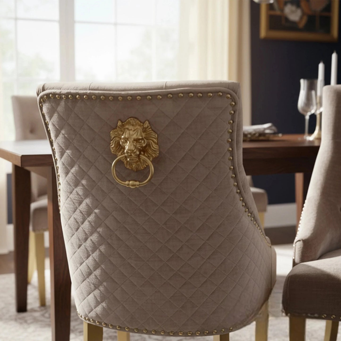 Luxury Henrik Gold Beige Velvet Dining Chair With Studded Detailing And Lion Knocker