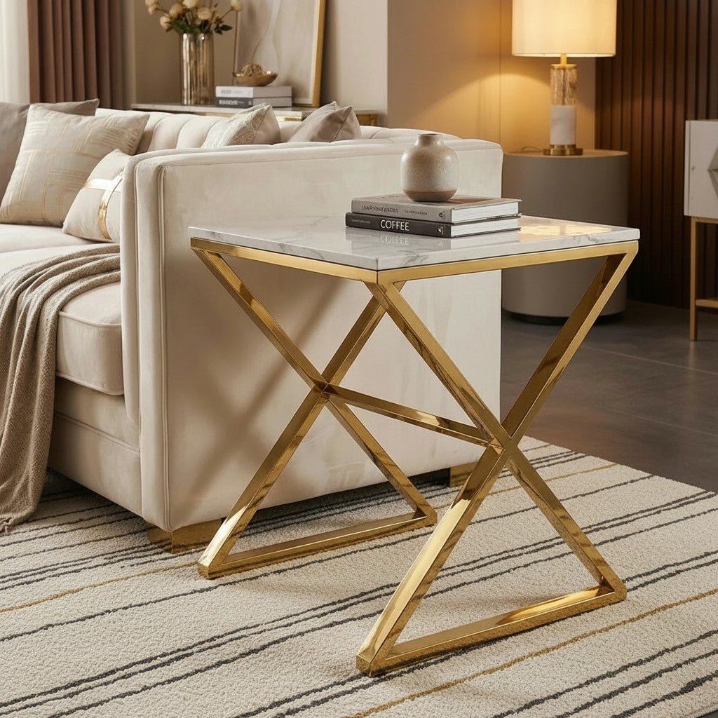 Luxury Jiro Modern Gold Side End Lamp Table With 55x55cm Polar White Sintered Stone Top