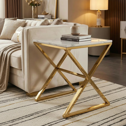 Luxury Jiro Modern Gold Side End Lamp Table With 55x55cm Polar White Sintered Stone Top