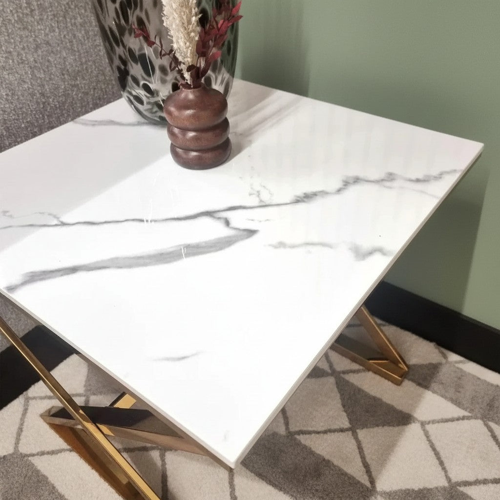 Luxury Jiro Modern Gold Side End Lamp Table With 55x55cm Polar White Sintered Stone Top