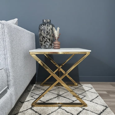 Luxury Jiro Modern Gold Side End Lamp Table With 55x55cm Polar White Sintered Stone Top