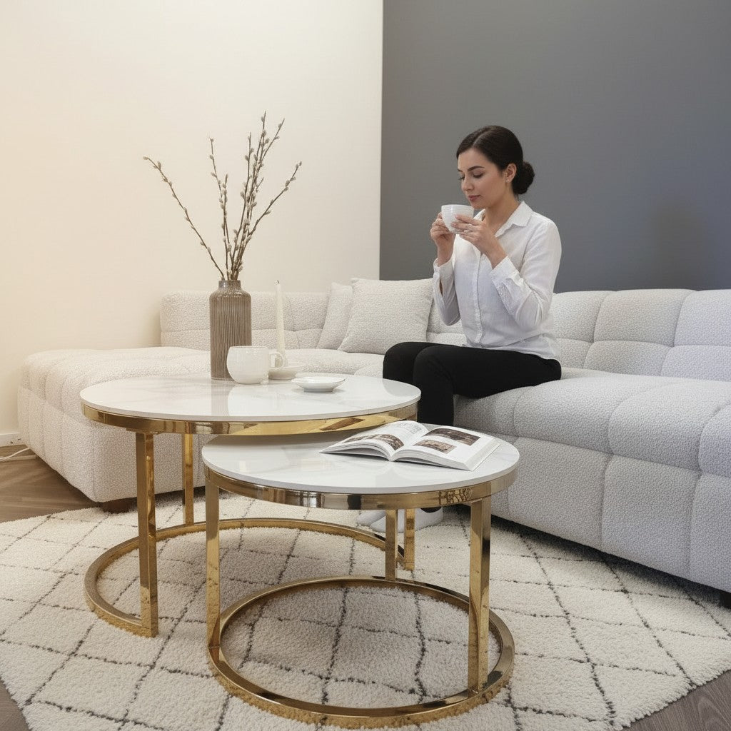Luxury Kaito Nest of 2 Gold Round Coffee Tables With Polar White Stone Tops