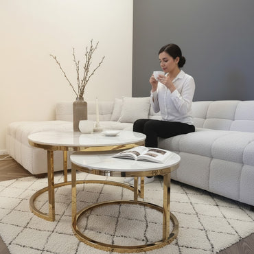 Luxury Kaito Nest of 2 Gold Round Coffee Tables With Polar White Stone Tops