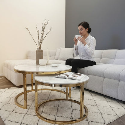 Luxury Kaito Nest of 2 Gold Round Coffee Tables With Polar White Stone Tops