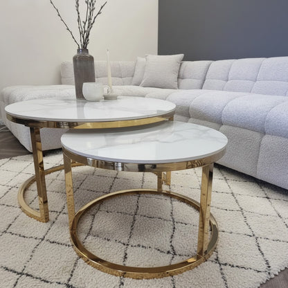 Luxury Kaito Nest of 2 Gold Round Coffee Tables With Polar White Stone Tops