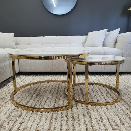 Luxury Kaito Nest of 2 Gold Round Coffee Tables With Polar White Stone Tops