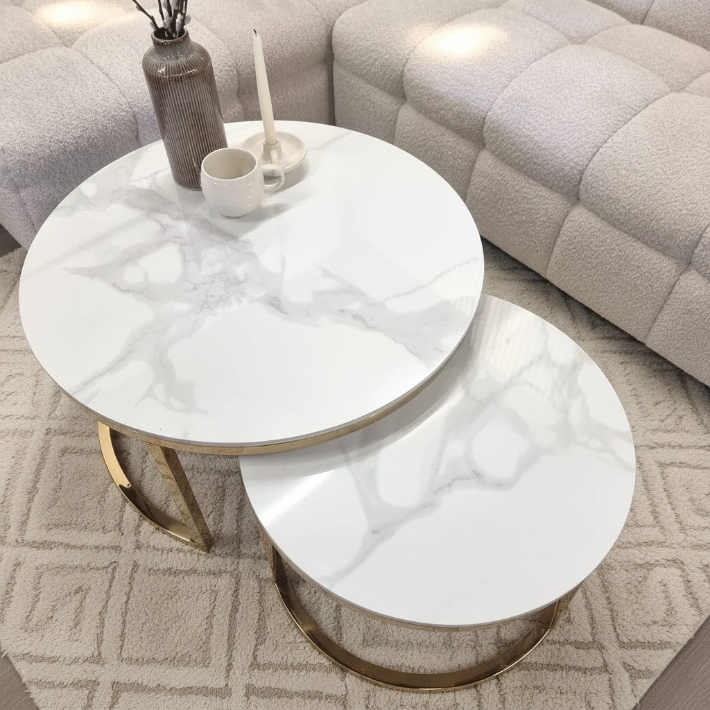 Luxury Kaito Nest of 2 Gold Round Coffee Tables With Polar White Stone Tops