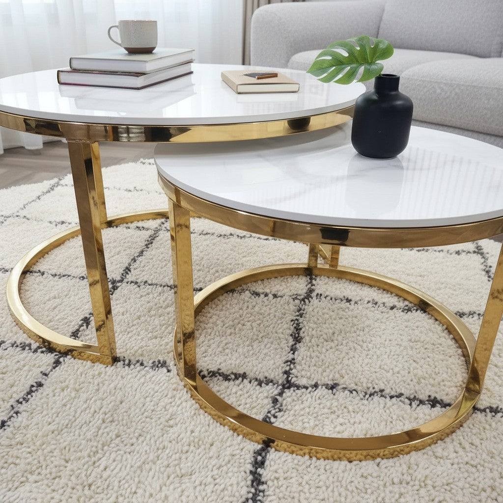 Luxury Kaito Nest of 2 Gold Round Coffee Tables With Polar White Stone Tops