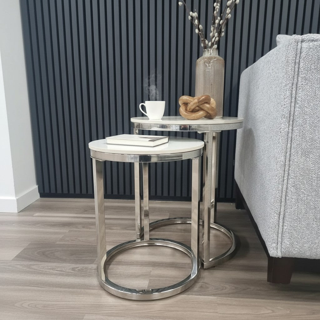 Luxury Kaito Nest of 2 Modern Chrome Round Side End Lamp Tables With 45/38cm White Sintered Stone Tops