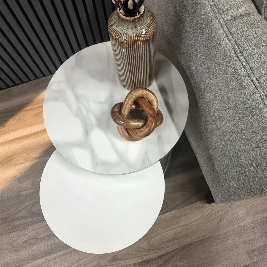 Luxury Kaito Nest of 2 Modern Chrome Round Side End Lamp Tables With 45/38cm White Sintered Stone Tops