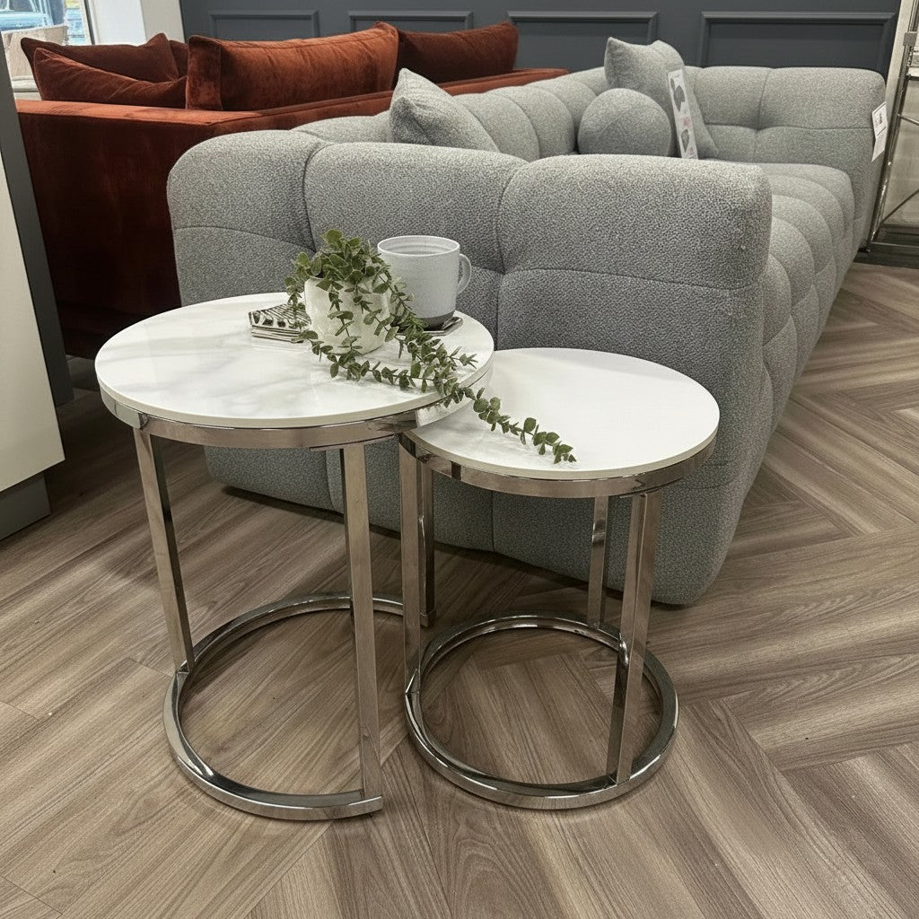 Luxury Kaito Nest of 2 Modern Chrome Round Side End Lamp Tables With 45/38cm White Sintered Stone Tops