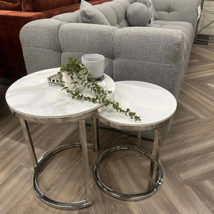 Luxury Kaito Nest of 2 Modern Chrome Round Side End Lamp Tables With 45/38cm White Sintered Stone Tops