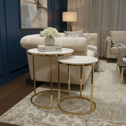 Luxury Kaito Nest of 2 Modern Gold Round Side End Lamp Tables With 45/38cm White Stone Tops