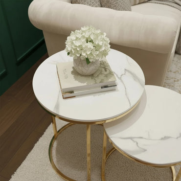 Luxury Kaito Nest of 2 Modern Gold Round Side End Lamp Tables With 45/38cm White Stone Tops