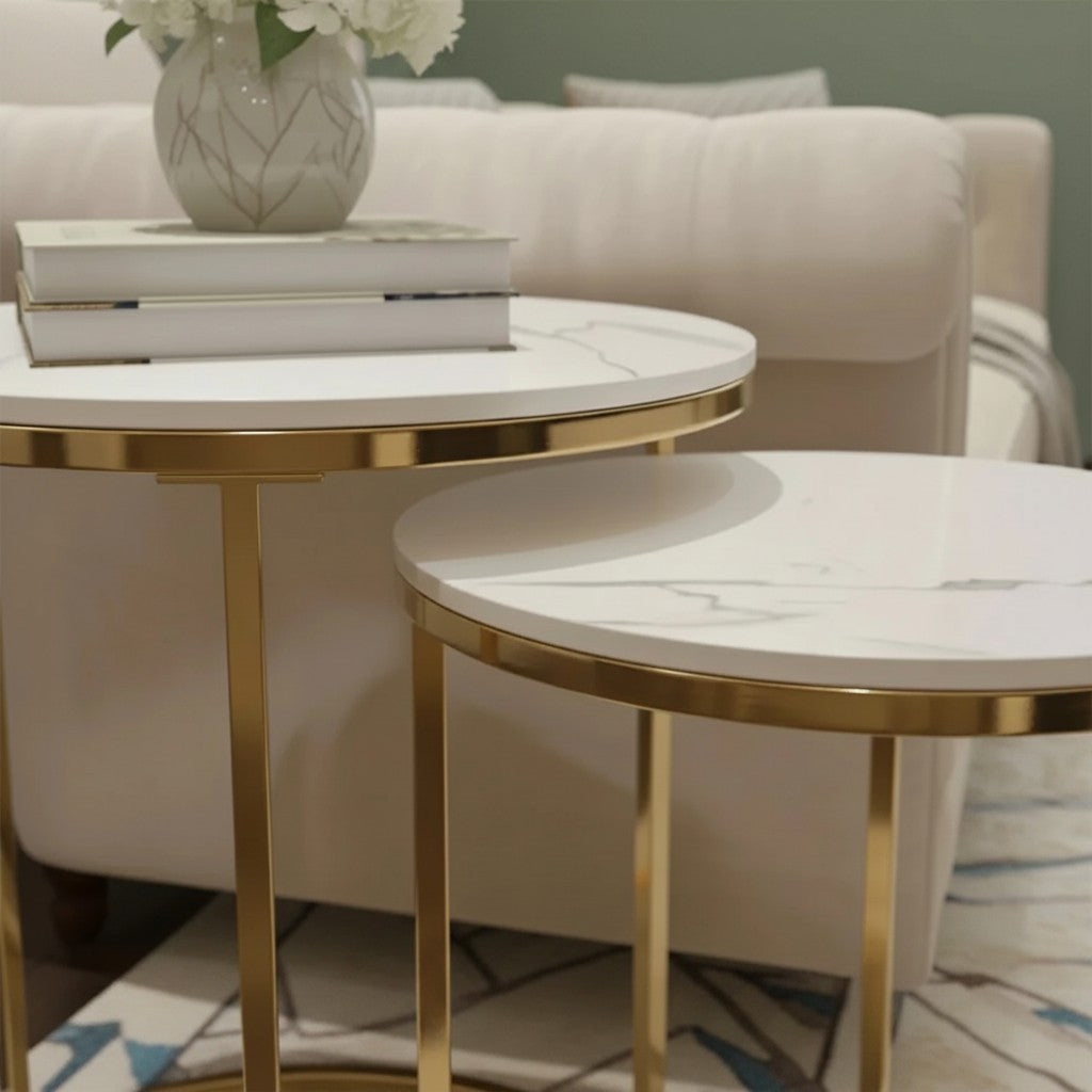 Luxury Kaito Nest of 2 Modern Gold Round Side End Lamp Tables With 45/38cm White Stone Tops