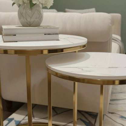 Luxury Kaito Nest of 2 Modern Gold Round Side End Lamp Tables With 45/38cm White Stone Tops