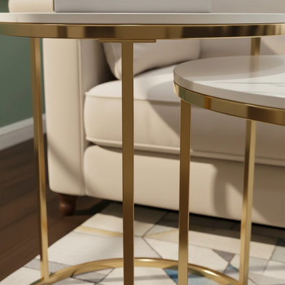 Luxury Kaito Nest of 2 Modern Gold Round Side End Lamp Tables With 45/38cm White Stone Tops