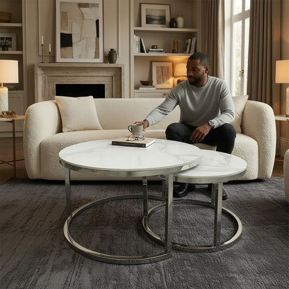 Luxury Kaito Nest of 2 Silver Round Coffee Tables With Polar White Stone Tops