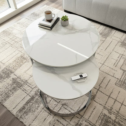 Luxury Kaito Nest of 2 Silver Round Coffee Tables With Polar White Stone Tops