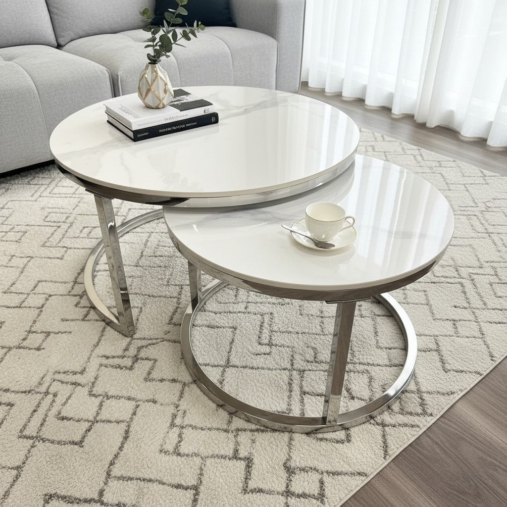 Luxury Kaito Nest of 2 Silver Round Coffee Tables With Polar White Stone Tops